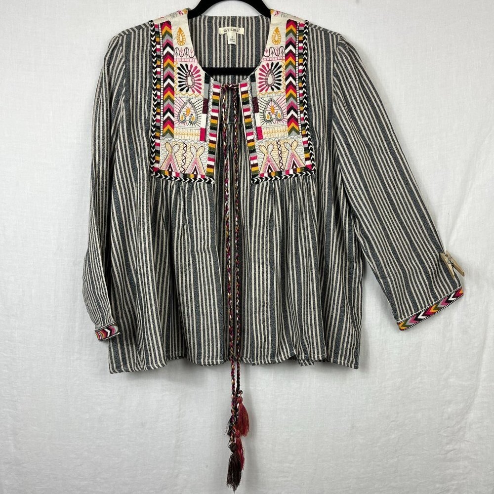 Miami Embroidered Open Front Gypsy Blouse‎ Womens S Tassel Bohemian Hippie Boho